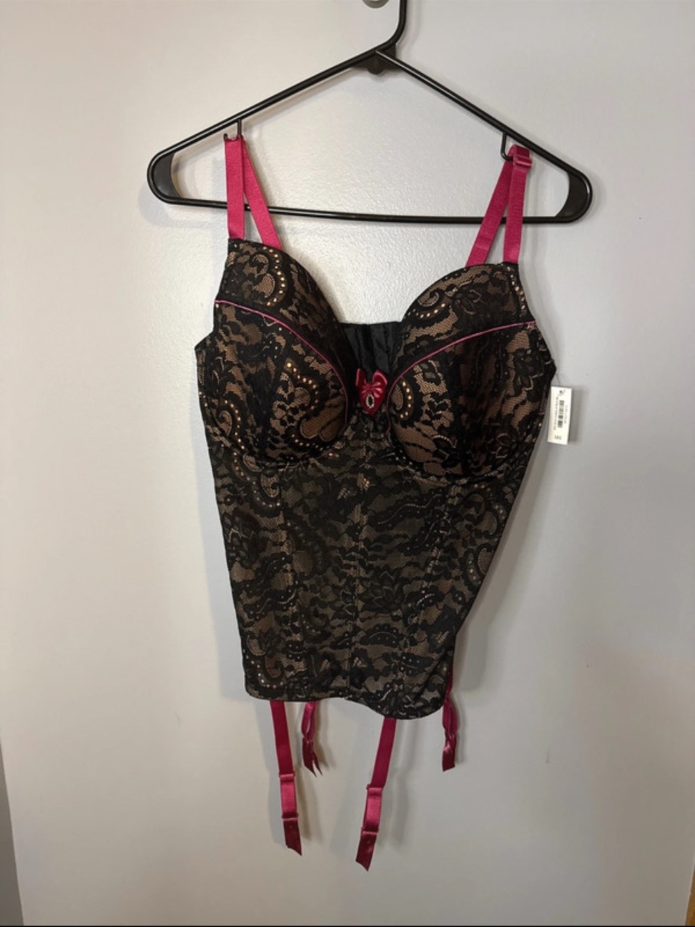 Adore Me Black Lace Bustier with Pink Straps